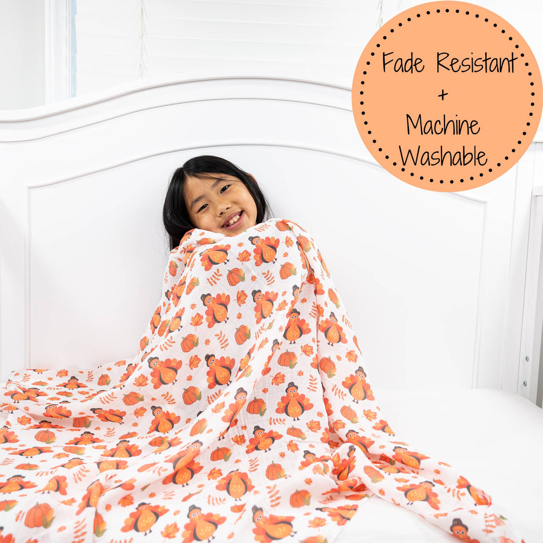 Little Gobbler Turkey Fall Holiday Baby Muslin Blanket
