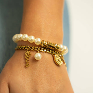 Hey Beautifl Pearl & Gold Cluster Disc Beads Stretch Bracelet – Waterproof & Tarnish-Free