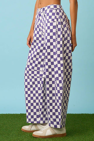 Purple Checkered Game Day Barrel Pants – Team Spirit Statement Style