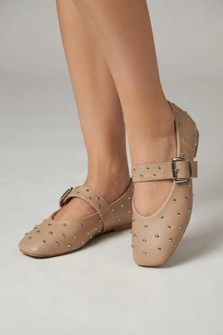 Studded Mary Jane Flats | Beige Buckle Ballet Flats