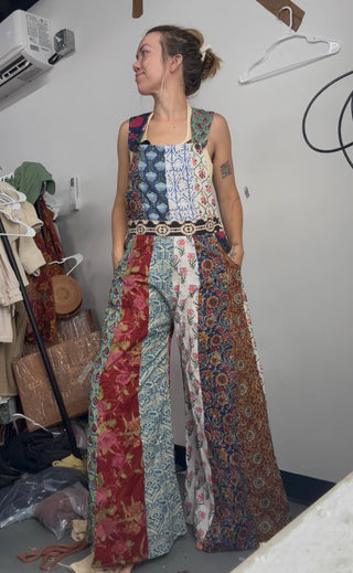 Boho Patchwork Flare Overalls | Bohemian Block Print