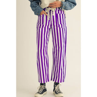 Purple and white striped cotton drawstring pants with rope tie waist and pockets