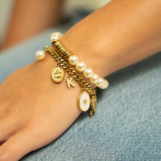 Hey Beautifl Pearl & Gold Cluster Disc Beads Stretch Bracelet – Waterproof & Tarnish-Free