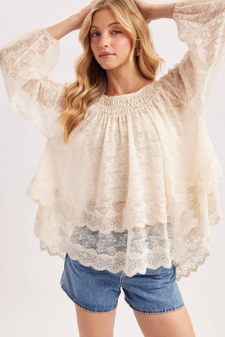 Bluivy | Layered Lace Tie-Front 2-Way Blouse | Cream