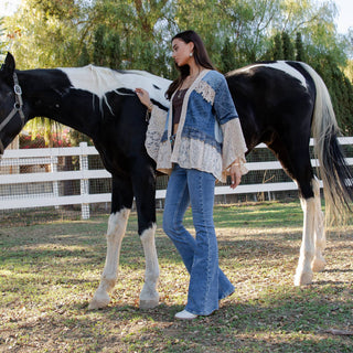 Open Front Denim & Lace Kimono – Western Boho Layering Top