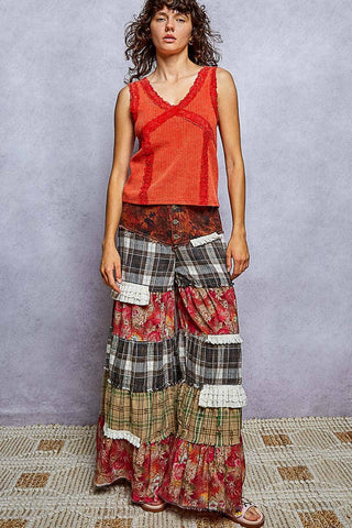 Rosewood Plaid patchwork ruffle wide leg pants