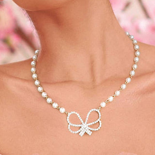 The Sweet Grace Pearl Bow Necklace Set – Gold & Cream
