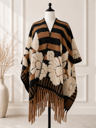 Apple Orchard Floral Stripe Fringe Ruana