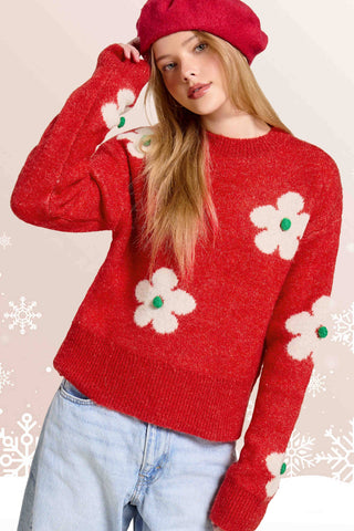 Holly Jolly red sweater with oversized white daisies and crew mock neck