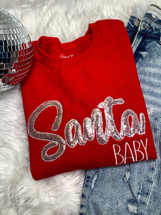 Santa Baby red Christmas sweatshirt with sparkly sequin appliqué Santa script and embroidered Baby