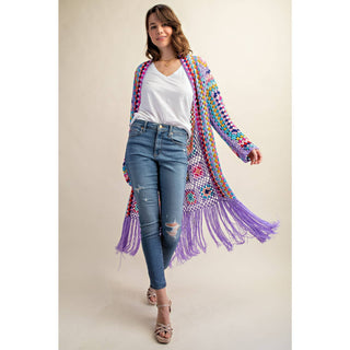 Colorful crochet granny square fringe cardigan duster styled with jeans