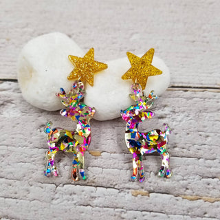 Dasher & Glitter confetti reindeer drop earrings with gold glitter star studs