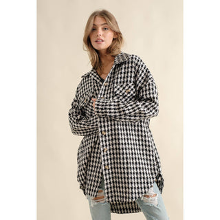 Plaid jacquard oversized button down shacket with chest pockets