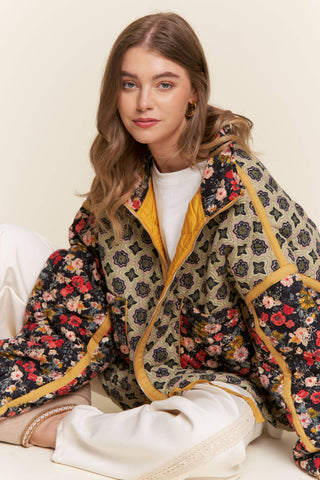 Front Porch Patchwork Bomber seated view showing toffee lattice and floral patchwork