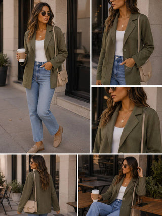 Olive knit blazer outfit collage with jeans and a tan handbag