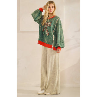 Jingle Bell Plaid Bow Mineral Wash Pullover