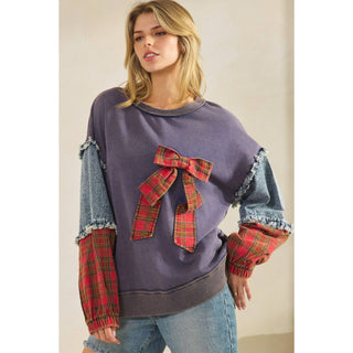 Green plaid bow pullover with denim and plaid patchwork sleeves