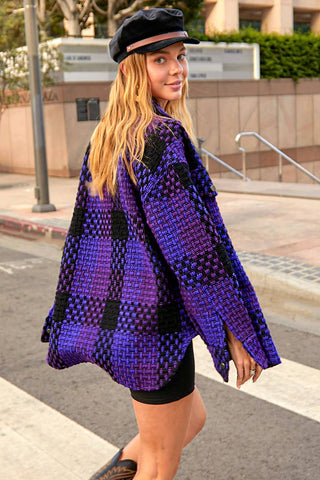 Purple check shacket styled with shorts for game day