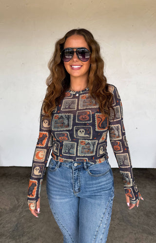 Halloween Porch Light Sheer Mesh Long Sleeve Top