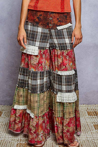 Front button waist on patchwork plaid wide leg pants