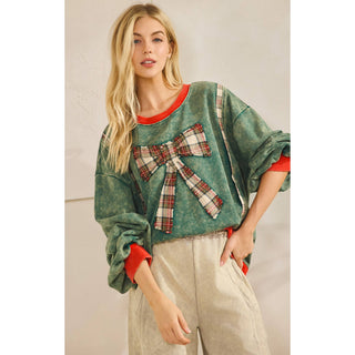 Jingle Bell Plaid Bow Mineral Wash Pullover