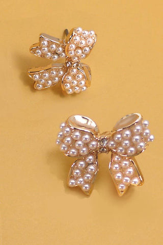 Hey Beautiful – Mini Pearl Bow Stud Earrings (Gold Tone)
