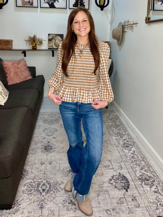 Butterscotch Gingham Shirred Peplum Top