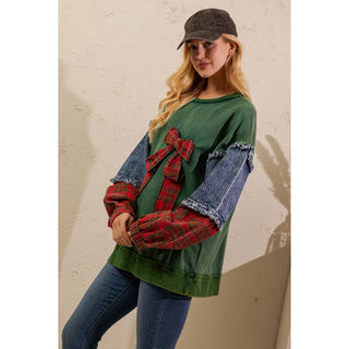 Green plaid bow pullover with denim and plaid patchwork sleeves