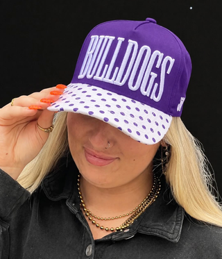 Purple Bulldogs embroidered snapback cap with purple and white polka dot brim