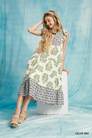 The Olive Grove Mixed Print Midi Dress
