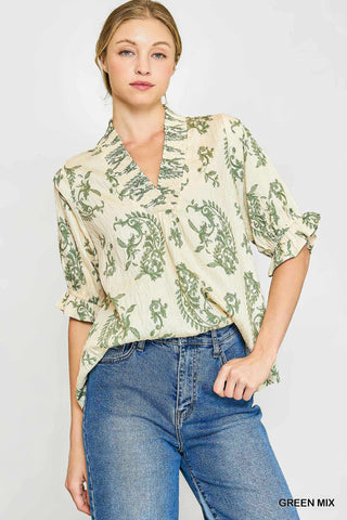 Umgee Paisley Smocked V-Neck Blouse | Green Mix