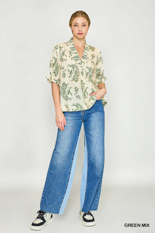 Umgee Paisley Smocked V-Neck Blouse | Green Mix