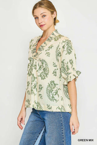 Umgee Paisley Smocked V-Neck Blouse | Green Mix