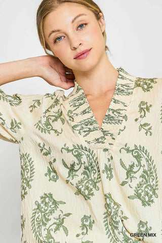 Umgee Paisley Smocked V-Neck Blouse | Green Mix