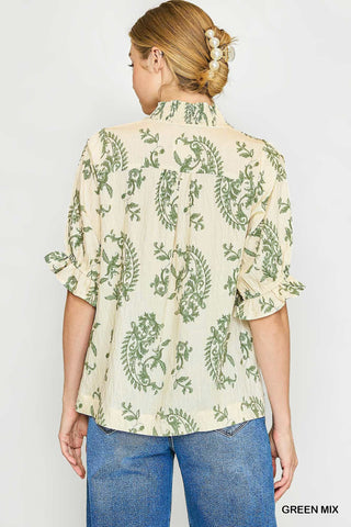 Umgee Paisley Smocked V-Neck Blouse | Green Mix