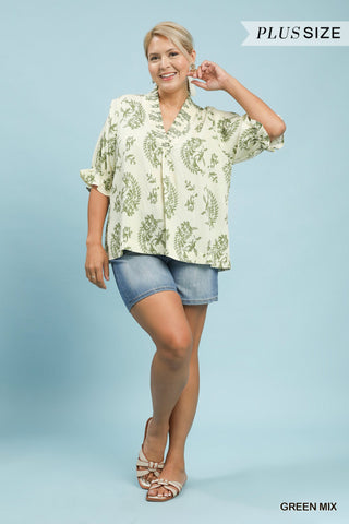 Umgee Paisley Smocked V-Neck Blouse | Green Mix