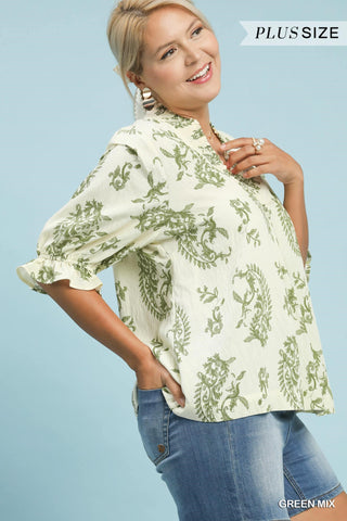 Umgee Paisley Smocked V-Neck Blouse | Green Mix
