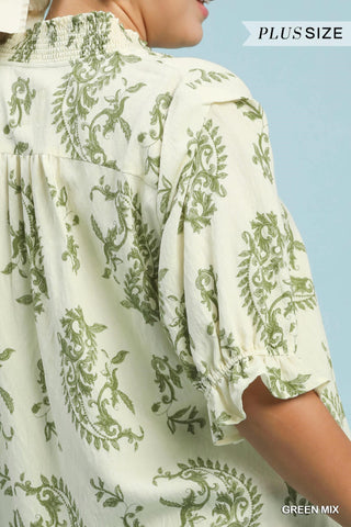 Umgee Paisley Smocked V-Neck Blouse | Green Mix