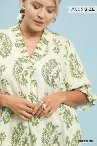 Umgee Paisley Smocked V-Neck Blouse | Green Mix