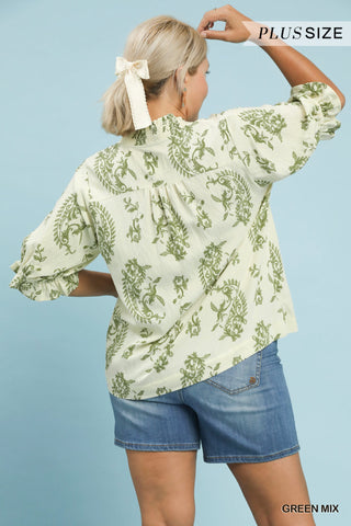 Umgee Paisley Smocked V-Neck Blouse | Green Mix
