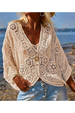 Women's Boho Crochet Lace Butterfly Sleeve Blouse – Ivory