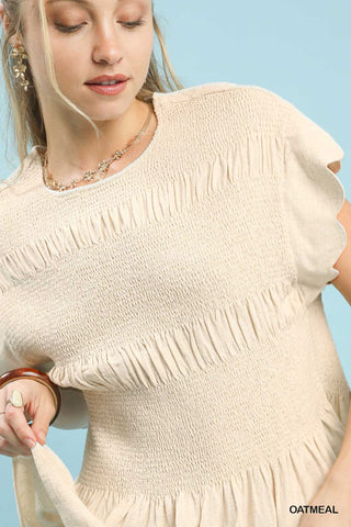 The Coastal Ease Smocked Peplum Top – Oatmeal