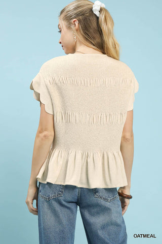 The Coastal Ease Smocked Peplum Top – Oatmeal