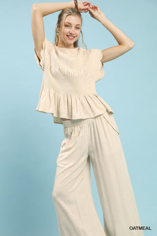 The Coastal Ease Smocked Peplum Top – Oatmeal