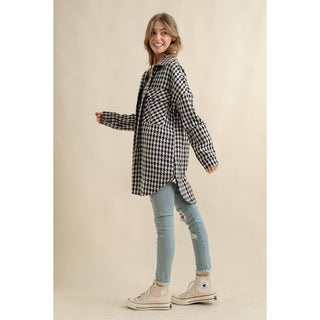 Plaid jacquard oversized button down shacket with chest pockets