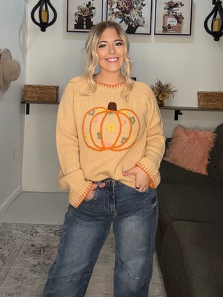 Pumpkin Floral Embroidered Thanksgiving Sweater
