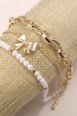 Hey Beautiful – Gold Bow & Pearl Bracelet Set – 3 Piece Layering Bracelet Stack