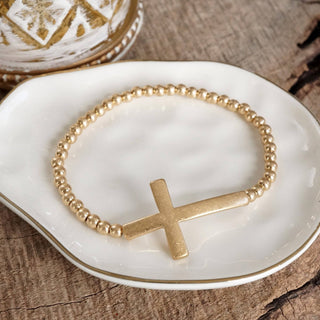 Hey Beautiful Worn Gold Cross Beaded Stretch Bracelet