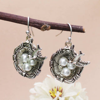 Nesting Bird & Pearl Vintage Silver Drop Earrings