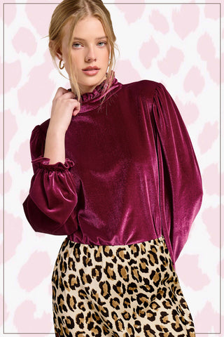 Holiday Magic Velvet Puff Sleeve Mock Neck Top